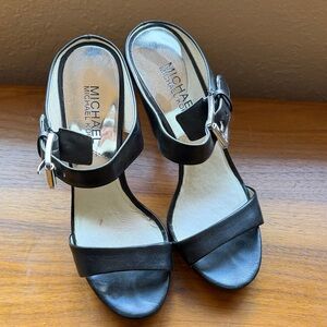 Michael Kors Black Leather Ankle Strap Heeled Sandals